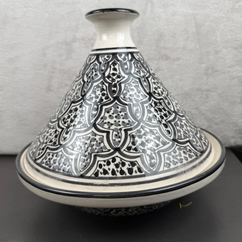 Le Souk Ceramique Tunisia Hand Painted Black White Geometric Ceramic Tagine 10in